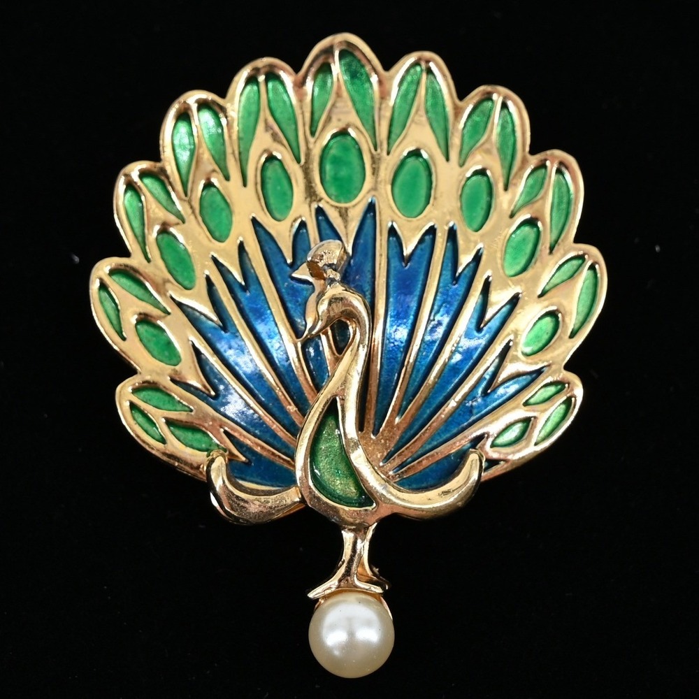 Vintage Napier 1960s Enamel Peacock Brooch Pin & Clip On Feather Earrings Set - Picture 5 of 10